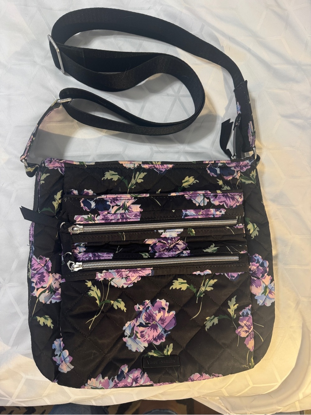 Vera Bradley Performance Twill Triple Zip Hipster Floating Plum Pansies Bag
